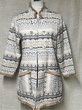 Multiples Geometric Fringe-Trim Jacket in Cream, Black & Tan